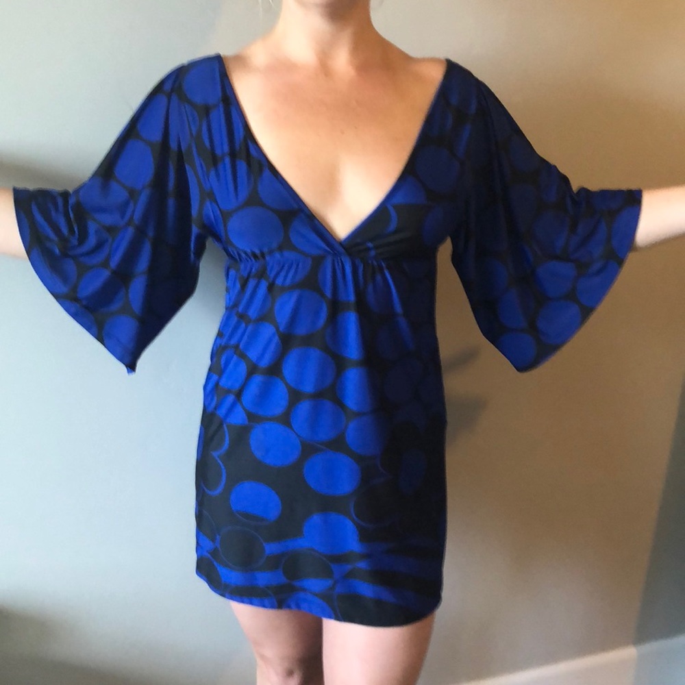 NWOT- Pink polka dot clothing Blue silky dress